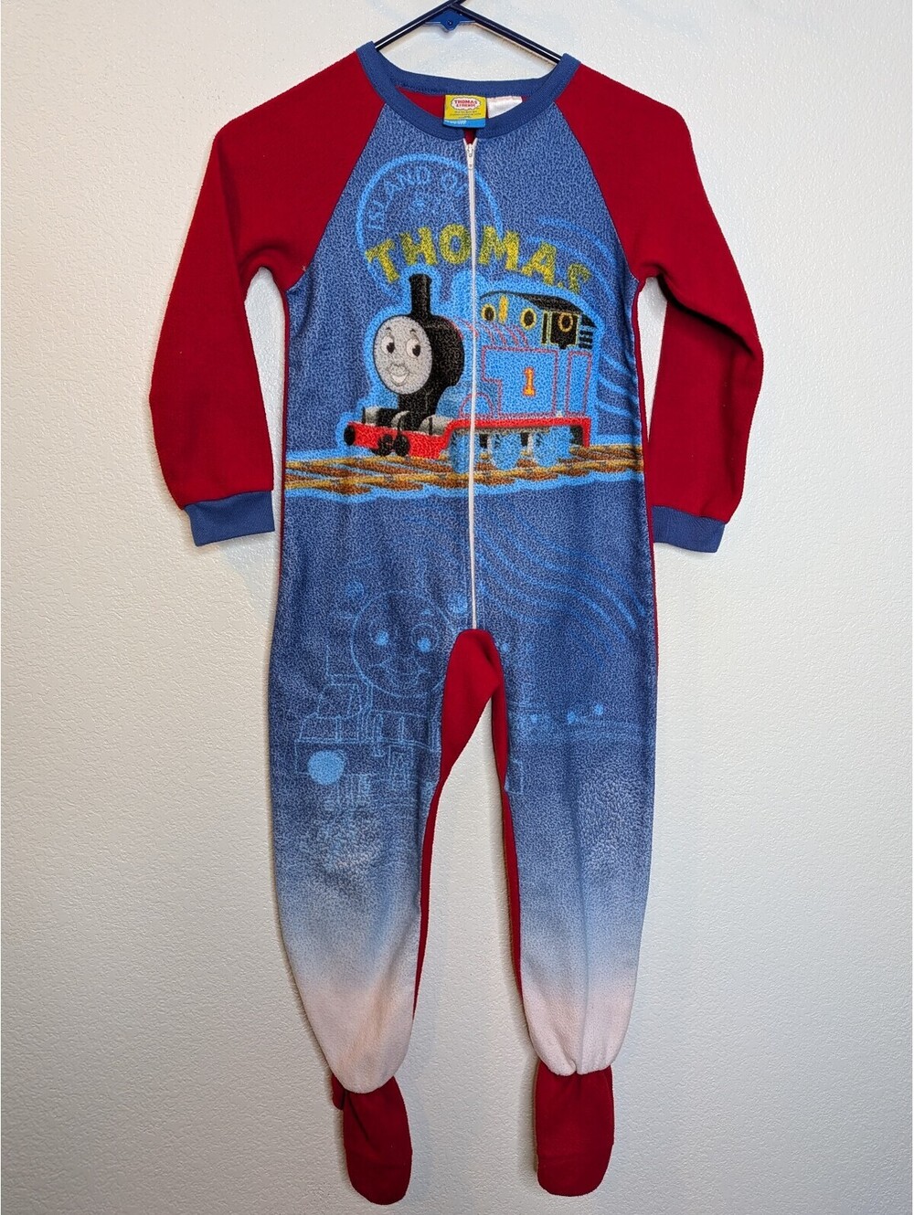 2005 Thomas & Friends Kids Size 7 Fleece Footed Sleeper Pajamas Red Blue